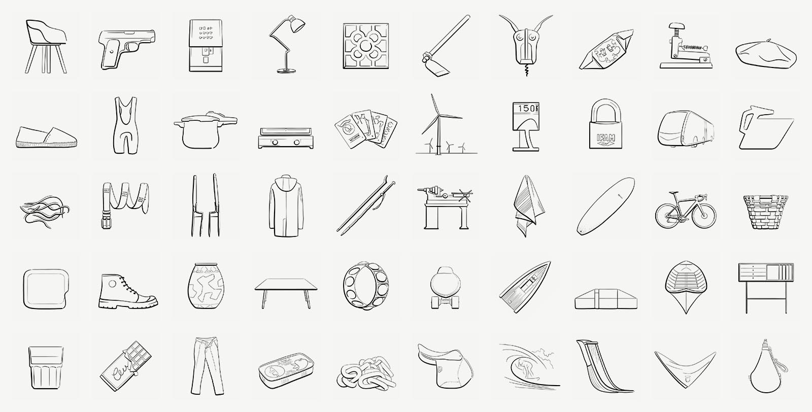 Illustrations of the 50 iconic objects from the Basque Country